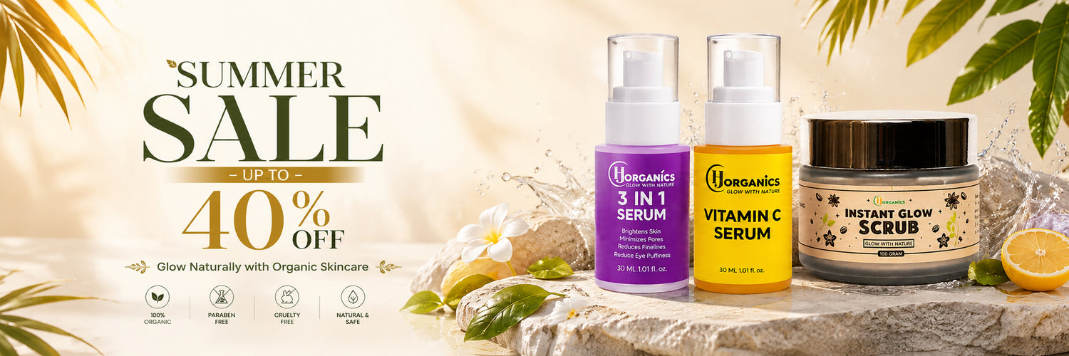 Skincare products with a 'Summer Sale' banner on a natural background
